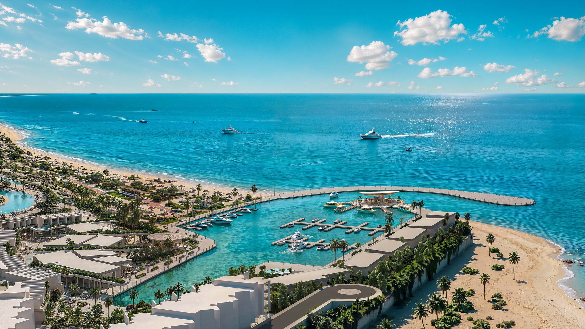 Aerial view of SALT Marina — a yacht marina where the sea meets Crystal Lagoons at Ras El Hekma