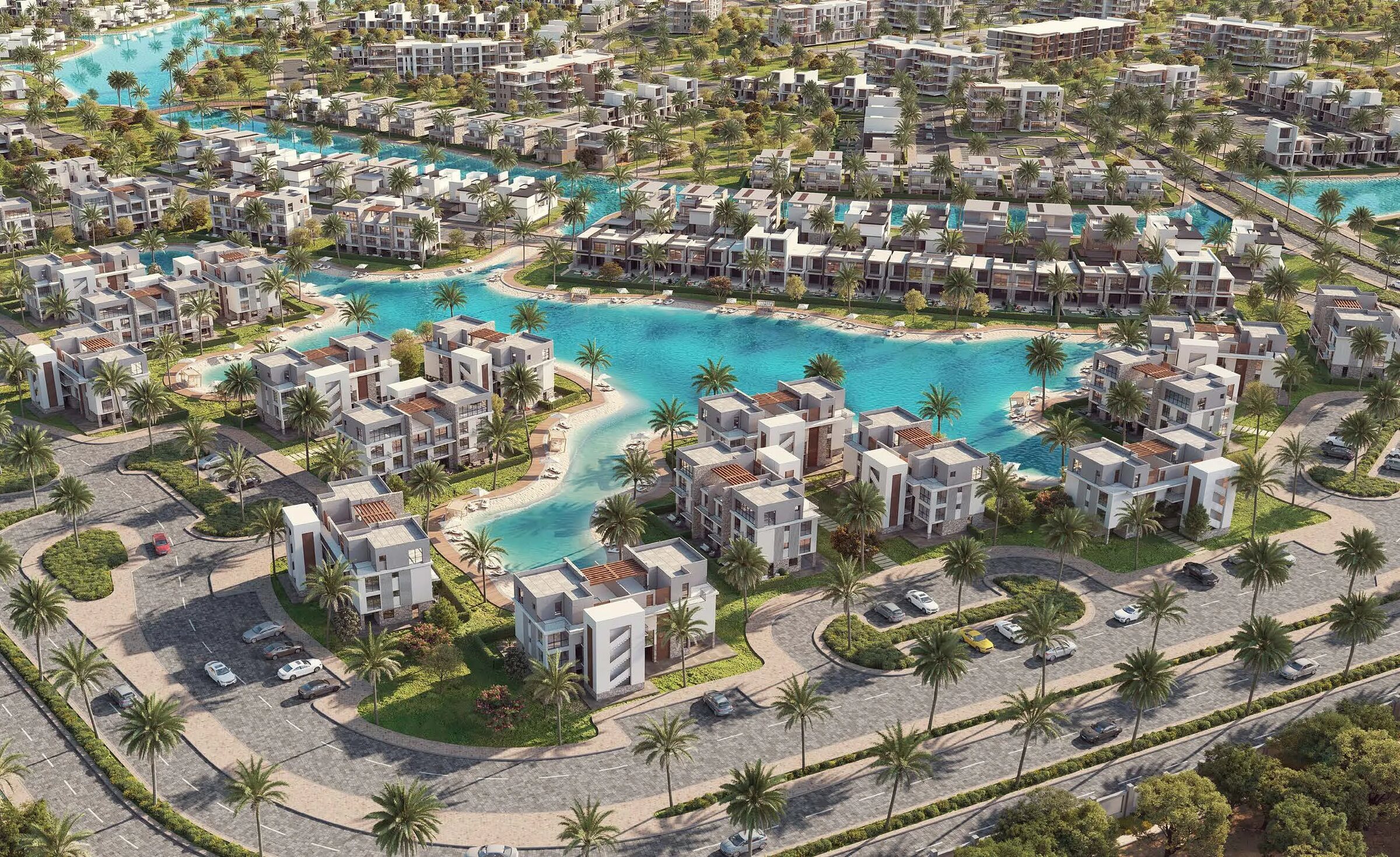 Aerial view of Silversands — a beachfront resort-town with crystal lagoons at Sidi Heneish, North Coast